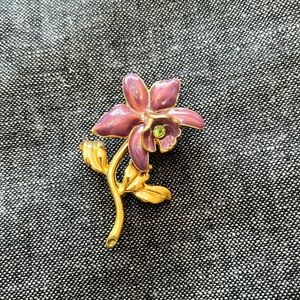 Joan Rivers Goldtone Plum Flower With Green Crystal Brooch